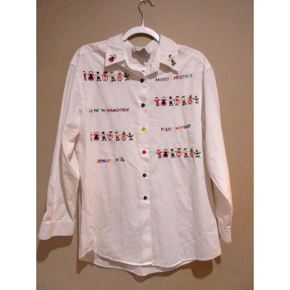 Westbound Holiday Embroidered Shirt Women White Sz 12 Button Long Sleeve World